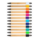 A collection of bamboo pens in various colours with black tips, arranged neatly in two rows. Each pen features a different colour accent.