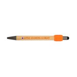 A wooden pen with an orange rubber grip and a stylus tip, featuring branding.