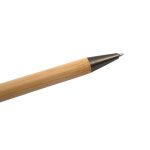 A bamboo pen with a black tip, featuring a simple design and a branding logo on the side.