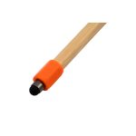 A close-up of a bamboo pen with an orange grip and a black stylus tip at one end. It features a logo.