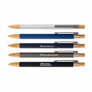 A collection of five Serenity Aluminium Pens in various colors, featuring wooden accents and different branding options.