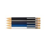 A collection of Serenity Aluminium Pens in black, grey, navy blue, and white, featuring wooden accents.