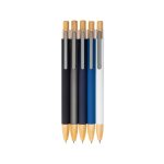 A set of five metal pens in black, grey, blue, and white, featuring bamboo accents and a logo.