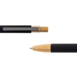 A black metal pen with bamboo accents, featuring a clip and a pointed tip. It includes a logo.
