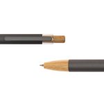 A metal pen with a dark grey barrel and bamboo accents, featuring a clip and a visible nib. The pen has a logo.