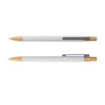 A set of two aluminium pens with a white body and gold accents, featuring a clip and a logo.