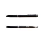 A black pen with silver accents, featuring a sleek design and a clip for easy attachment.