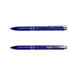 A blue pen with silver accents and a clip, featuring a sleek design and logo.