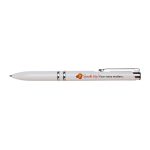 A white pen with silver accents and a logo, featuring a smooth design for easy handling.
