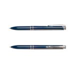 A navy blue pen with silver accents and a clip, featuring a sleek design and a branding logo.
