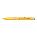 A yellow pen with a silver clip and a logo, featuring a sleek design and smooth finish.