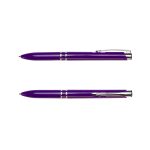 A purple pen with a shiny silver clip and accents, featuring a sleek design and a branding logo.