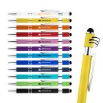 A selection of Elara Spinner Pens in various colours, featuring a textured grip and a logo on the side.