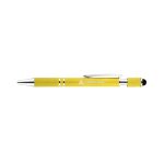 A yellow spinner pen with a textured grip and silver accents, featuring a logo.