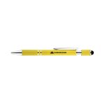 A yellow pen with a textured grip, silver accents, and a logo on the barrel.