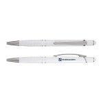 A sleek white aluminium pen with silver accents and a branding logo on the side.