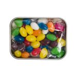 A silver rectangular tin filled with assorted color mini jelly beans in various vibrant hues.