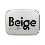 A silver rectangular tin containing assorted colorful mini jelly beans. The tin features a logo.