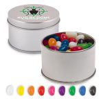 A silver round tin filled with assorted colour mini jelly beans, featuring a variety of bright hues.