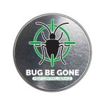 A silver round tin labeled "Bug Be Gone" Pest Control Service, featuring a graphic of a pest.