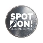 A silver round tin with a logo for "Spot On! Cleaning Service."