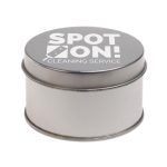 A silver round tin featuring a logo for "Spot On! Cleaning Service."