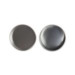 Two silver round tins with smooth metallic surfaces, featuring a polished finish.