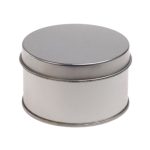 A silver round tin with a smooth finish and a secure lid, featuring a simple design.