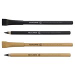 A set of four inkless pens in black, grey, and natural kraft colours, featuring a logo on each.