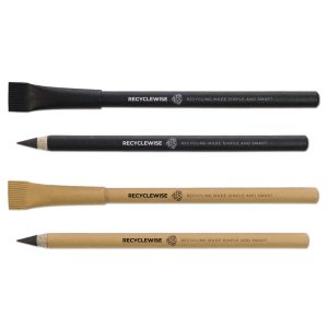 A set of four inkless pens in black, grey, and natural kraft colours, featuring a logo on each.
