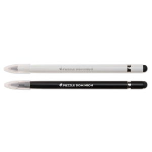 Two Mirage Aluminium Inkless Pens in black and white, featuring the branding "Puzzle Dominion" near the grip.