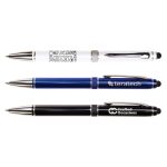 Three metal pens in white, blue, and black, each featuring a logo and a sleek design.