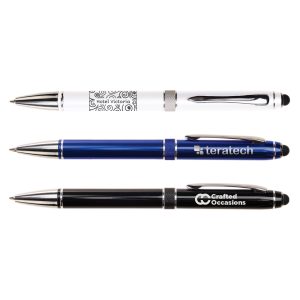 Three metal pens in white, blue, and black, each featuring a logo and a sleek design.