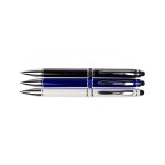 A set of three Columbia Aluminium Pens in black, blue, and white, featuring chrome accents and a sleek design.