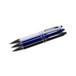 Three metal pens in white, blue, and black, featuring silver accents and a branding logo.