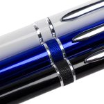 A collection of metal pens in white, blue, and black, each featuring a silver accent and branding.