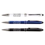 Three metal pens in white, blue, and black, each featuring a logo and a shiny finish.