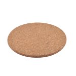 A round cork coaster featuring a natural, textured surface.