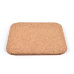 A square cork coaster with a natural finish, featuring rounded edges and a plain surface.