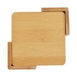 A set of six bamboo coasters in a natural wood color with a simple, square design and a branding logo.