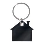 A stainless steel keytag shaped like a house, featuring a keyring attachment for easy carrying.