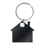 A house-shaped stainless steel keytag with a metal ring for attachment.