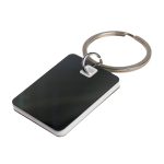 A rectangle stainless steel keytag featuring a sleek design with a shiny finish and a metal keyring for attachment.