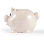A cream-colored piggy bank with a round body, small ears, and a tail, featuring a cartoonish eye.