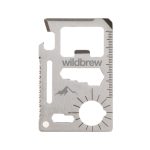 A stainless steel multi-tool card featuring various functions and a mountain logo, in a sleek design.