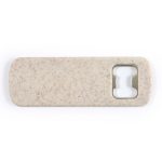 A drink bottle opener in a speckled beige color with a metal opener section and a logo.