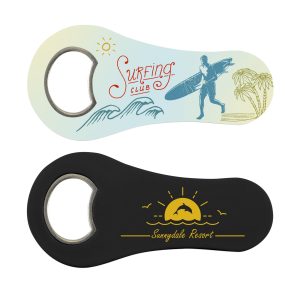 A drink bottle opener featuring a colorful surf theme on one side and a black design with a logo on the other.