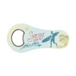 A drink bottle opener featuring a colorful design with "Surfing Club" text, an illustration of a surfer, and palm trees.