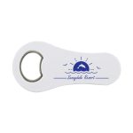 A drink bottle opener with a sleek white design featuring a blue sunset graphic and the text "Sunnydale Resort."