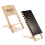 A wooden phone stand in a natural finish, featuring a cutout for device placement and branding on the front.